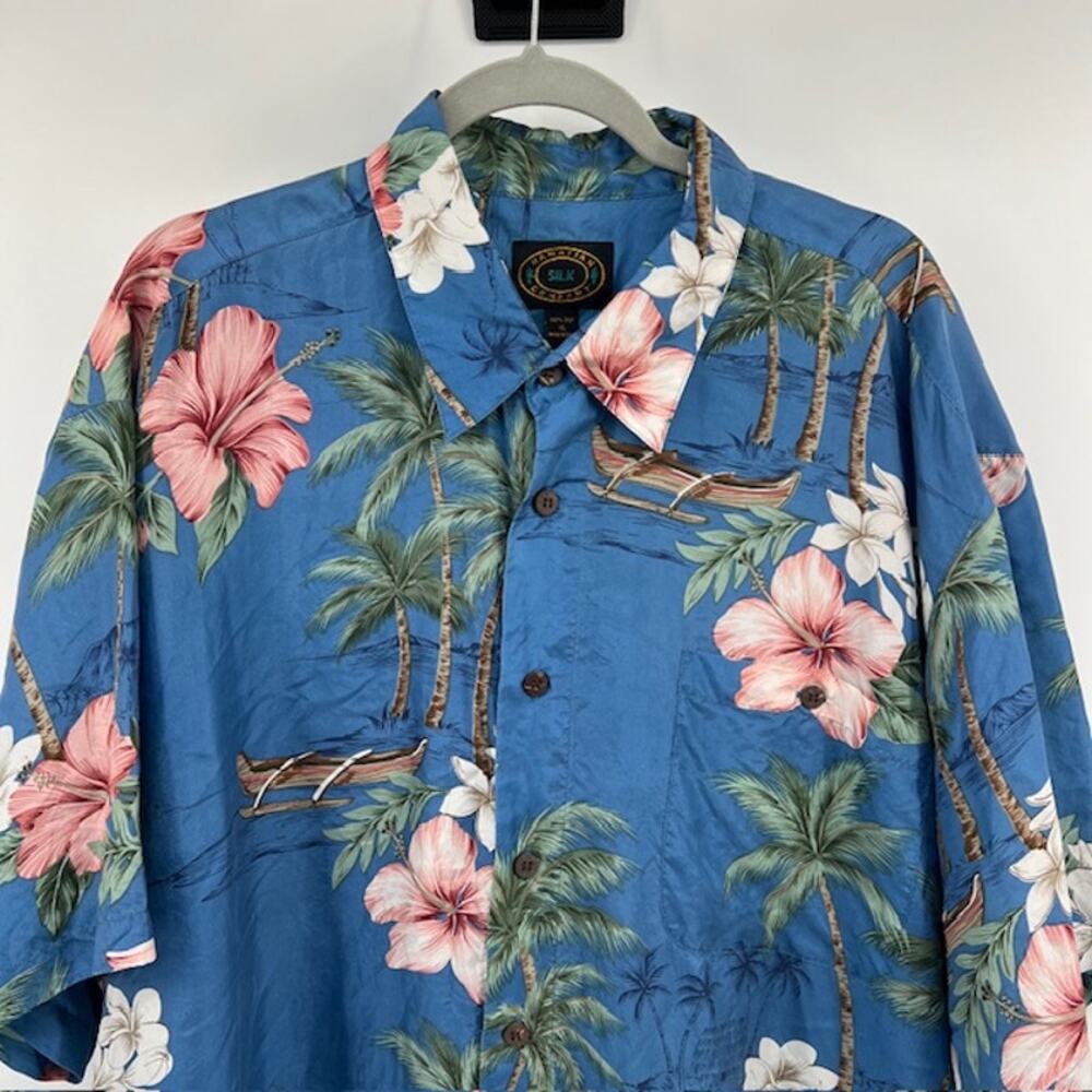 Hawaiian 100% Silk Button Up Shirt Mens XL Tropical Beach Floral Blue Summer